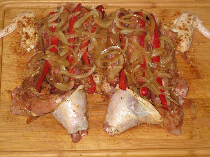 Bacon Wrapped Chicken With Onion and Peppers