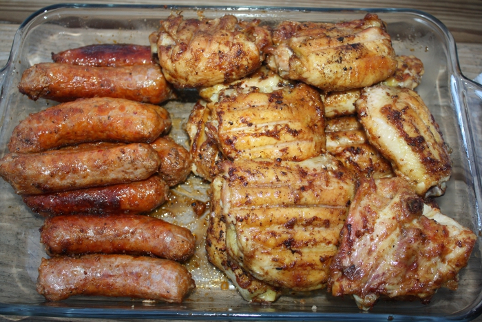 Grilled Chicken and Sausage on Meadow Creek BBQ26S Chicken Cooker